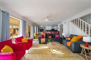 TV, fireplace, books, offices