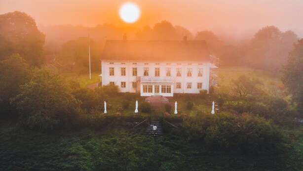 A large, white building with a symmetrical facade, surrounded by lush greenery and a misty atmosphere. - Herrgård de luxe (Tävelsås)