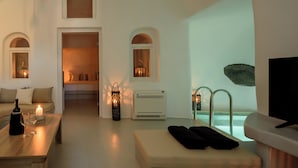 Uma sala de estar moderna com um sofá, uma mesa de centro com uma garrafa e copos, uma lareira e uma televisão.
