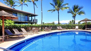 Une piscine avec des chaises longues et des palmiers en arrière-plan.