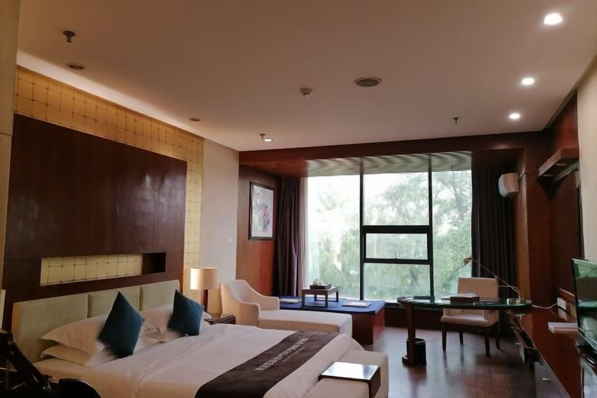 Una habitación de hotel con una cama grande, un escritorio, una silla y un televisor.