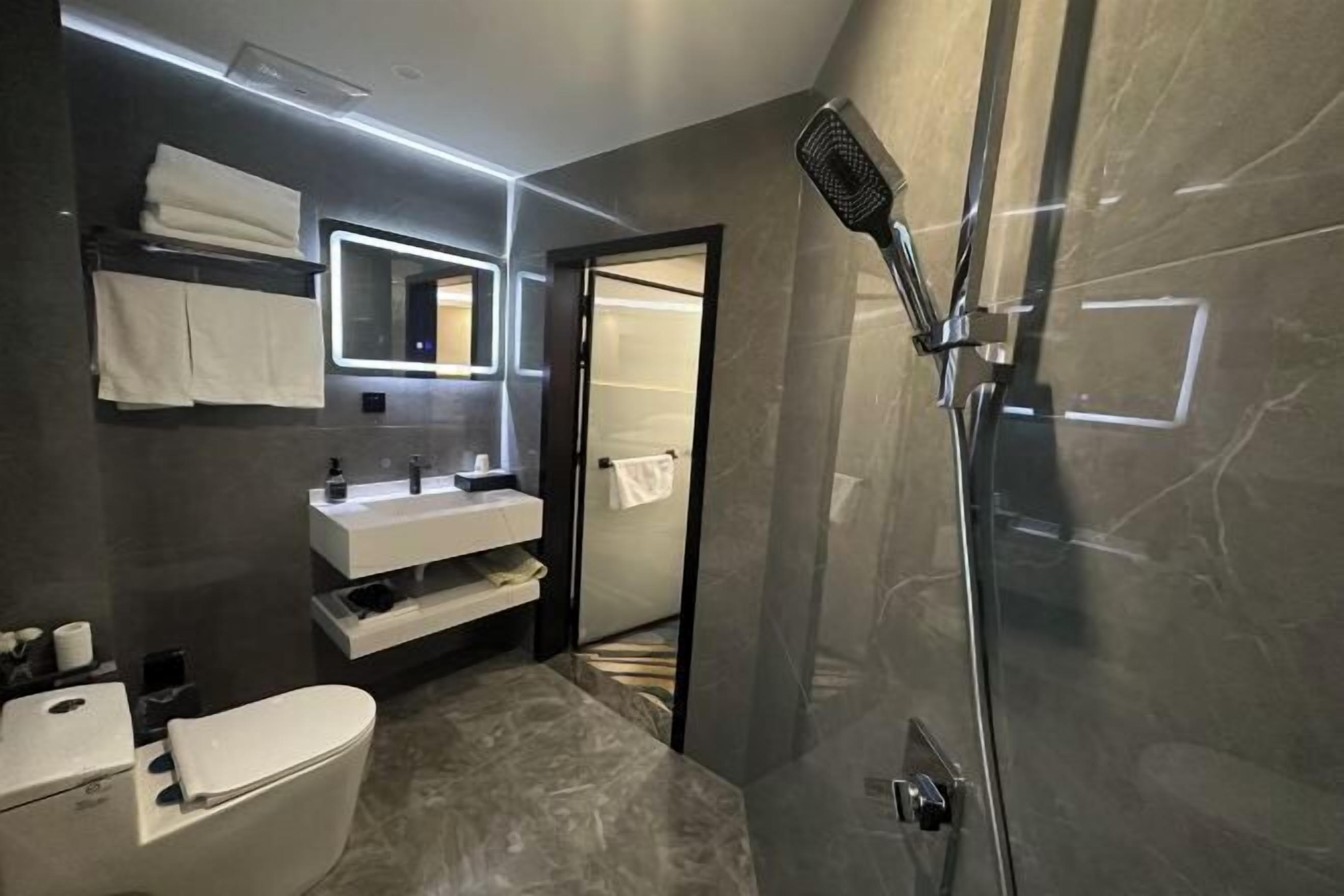 A modern bathroom with a toilet, sink, and mirror.