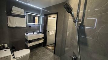 A modern bathroom with a toilet, sink, and mirror.