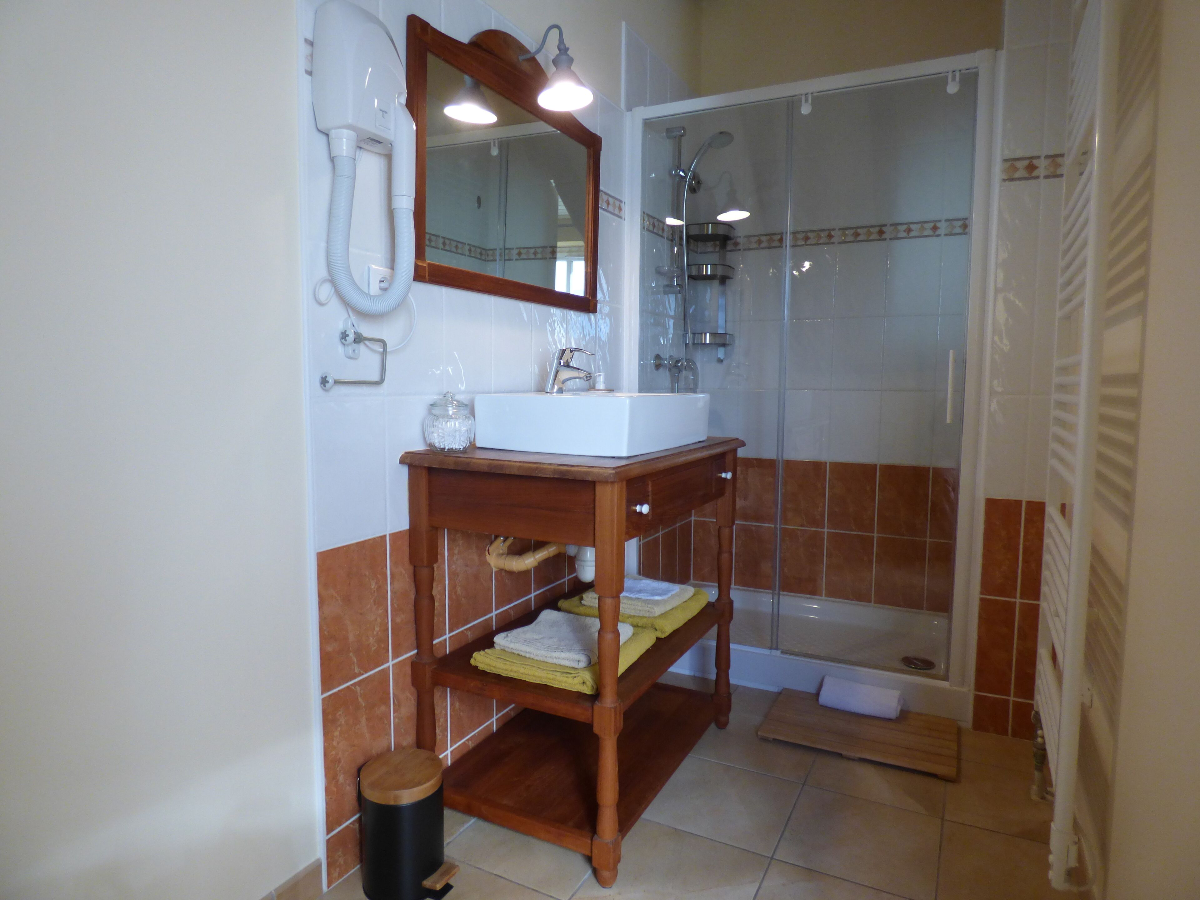 Une salle de bain avec un lavabo, un miroir et une douche.