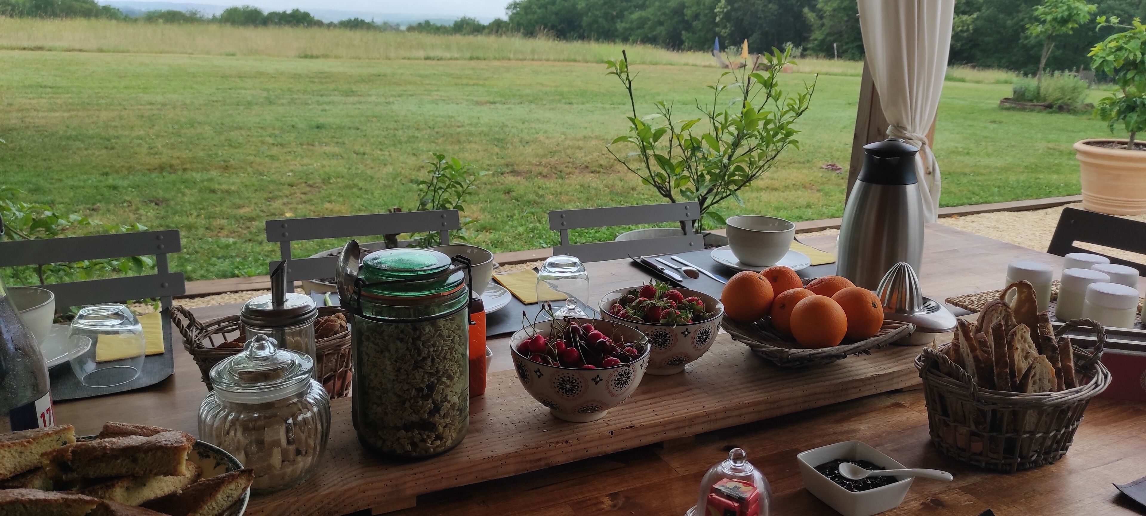 Una mesa dispuesta con diversos alimentos y utensilios, con vista a un campo cubierto de hierba.