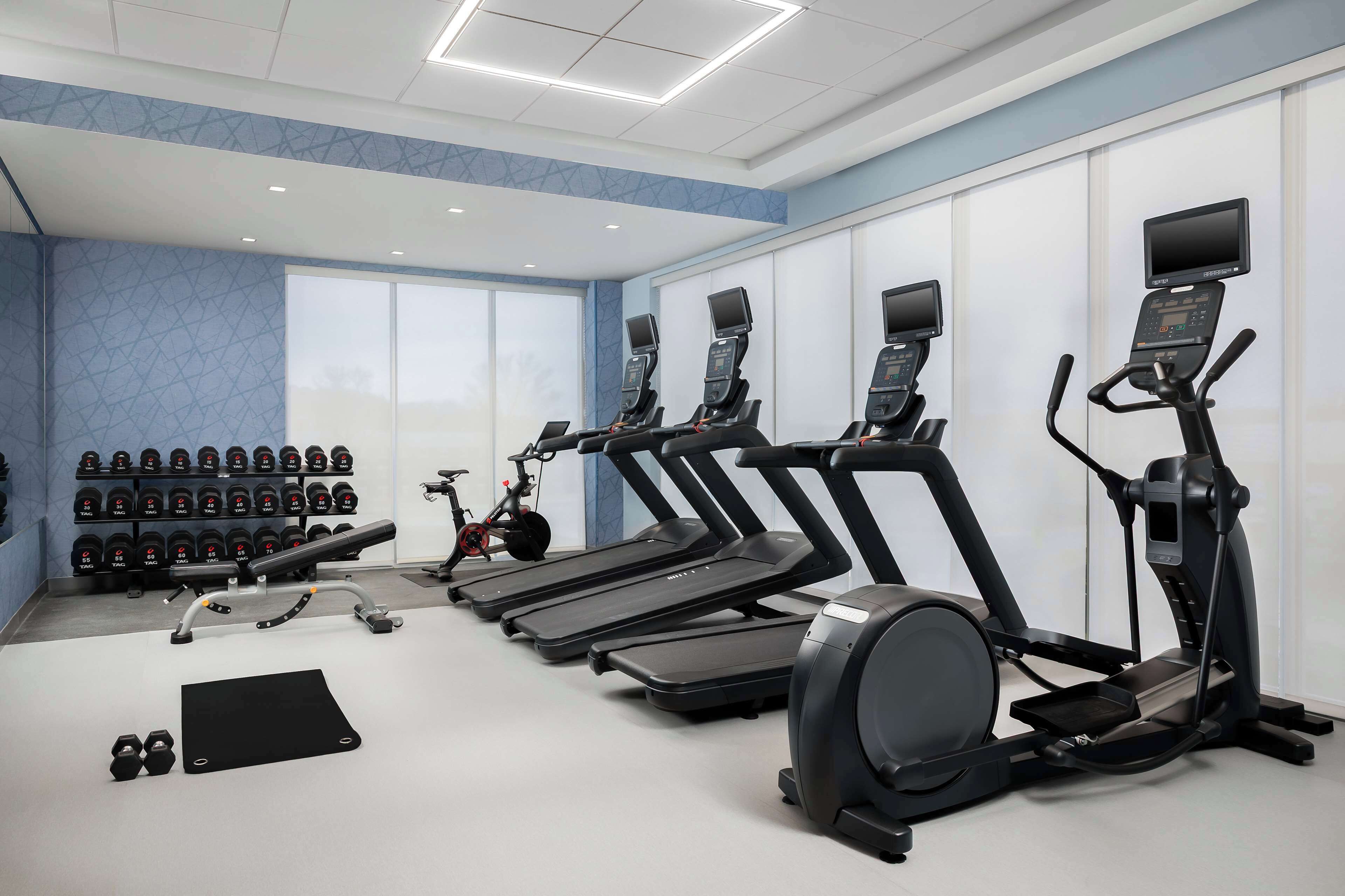 Une salle de sport équipée de tapis de course, d’un vélo d’appartement, d’haltères et d’un tapis de sol.