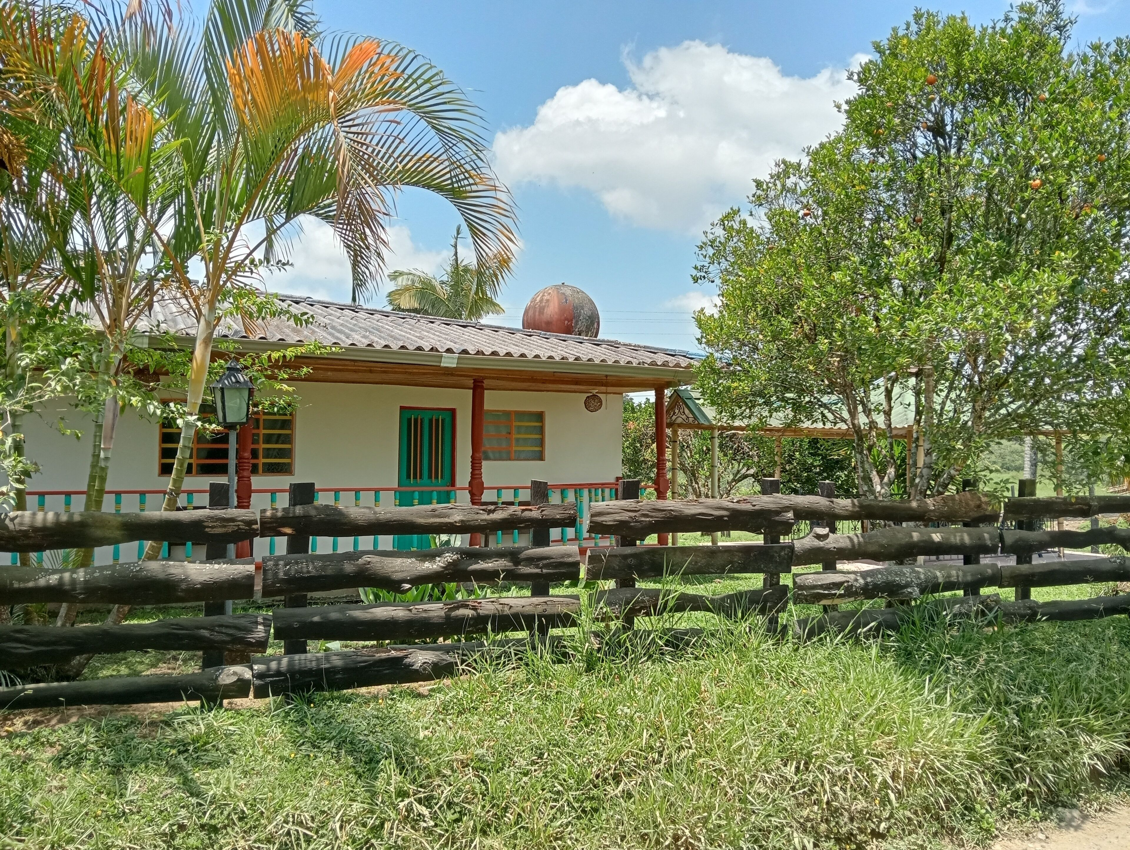 A small, single-story house with a corrugated metal roof, surrounded by lush greenery and a wooden fence.