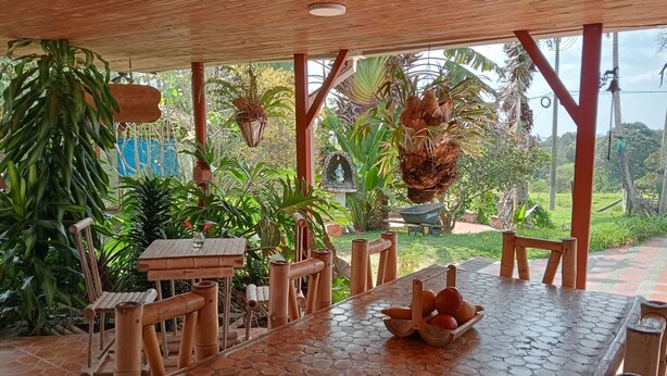 A covered outdoor dining area with a long table, bamboo chairs, and hanging planters. - Rancho Ventura (Filandia)