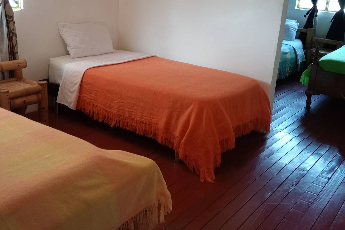 Une chambre avec deux lits simples, un plancher en bois et un plafond en bois.