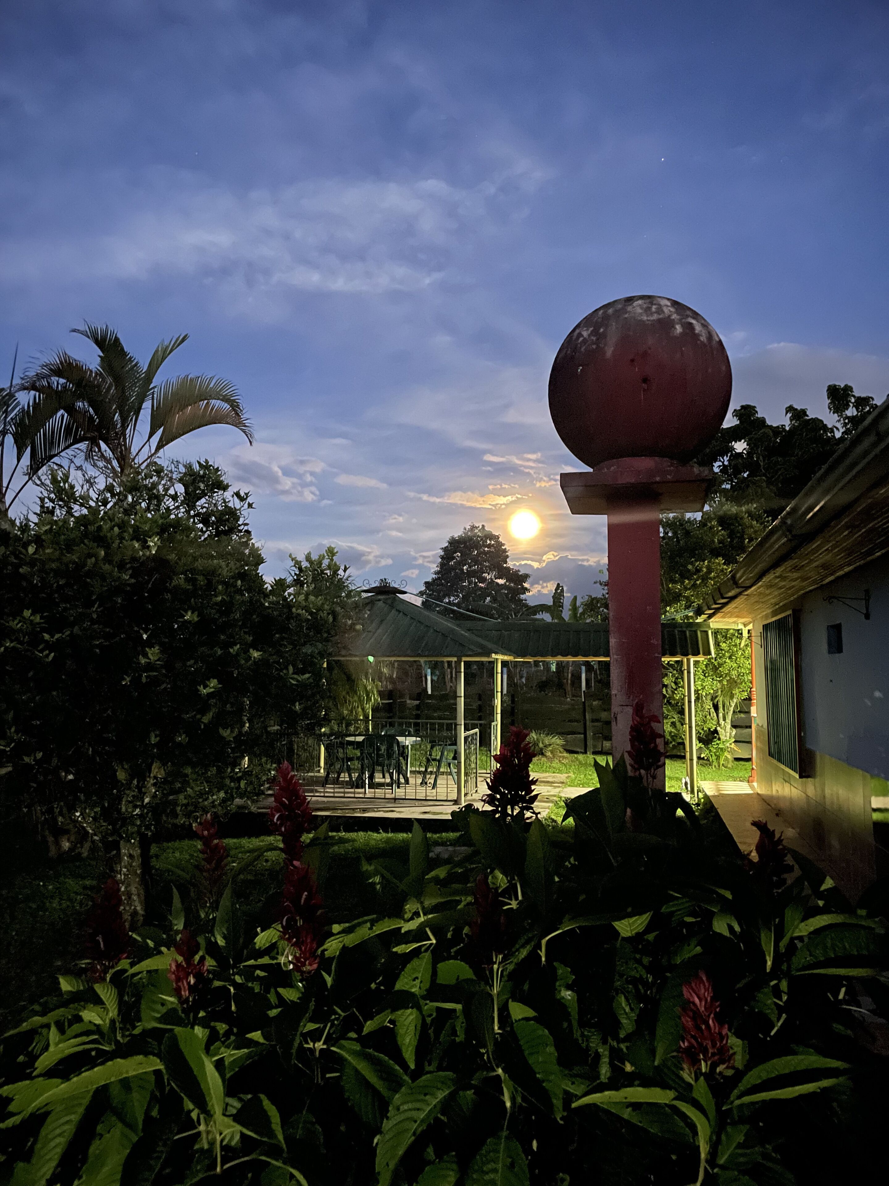 A garden with a gazebo, a red spherical structure, and a building with a sloped roof.