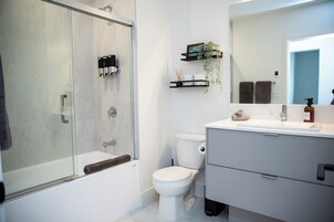 Condo | Bathroom | Hair dryer, towels, toilet paper