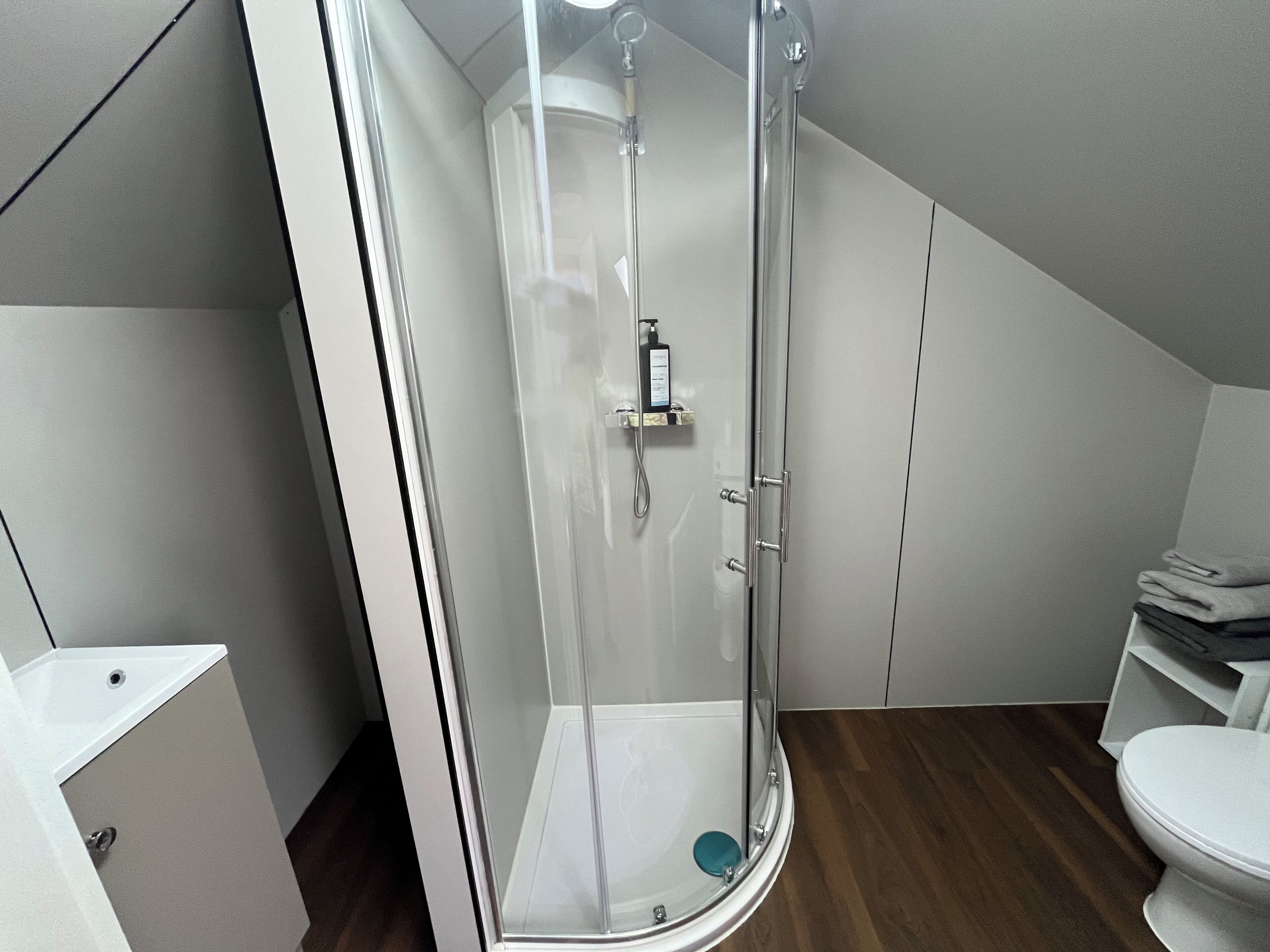A modern bathroom with a glass shower enclosure, a white toilet, and a wooden floor.