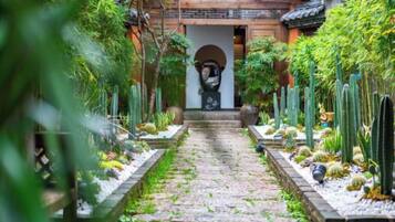 Un sendero conduce a un edificio de estilo arquitectónico tradicional, rodeado de diversos cactus y plantas.
