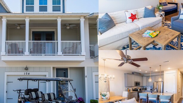 A two-story house with a covered porch, a golf cart, and a modern kitchen with a dining area.