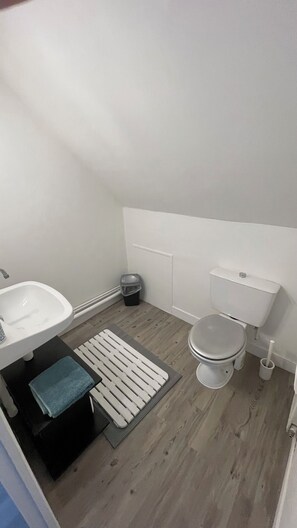 Een douche, een haardroger, handdoeken, toiletpapier