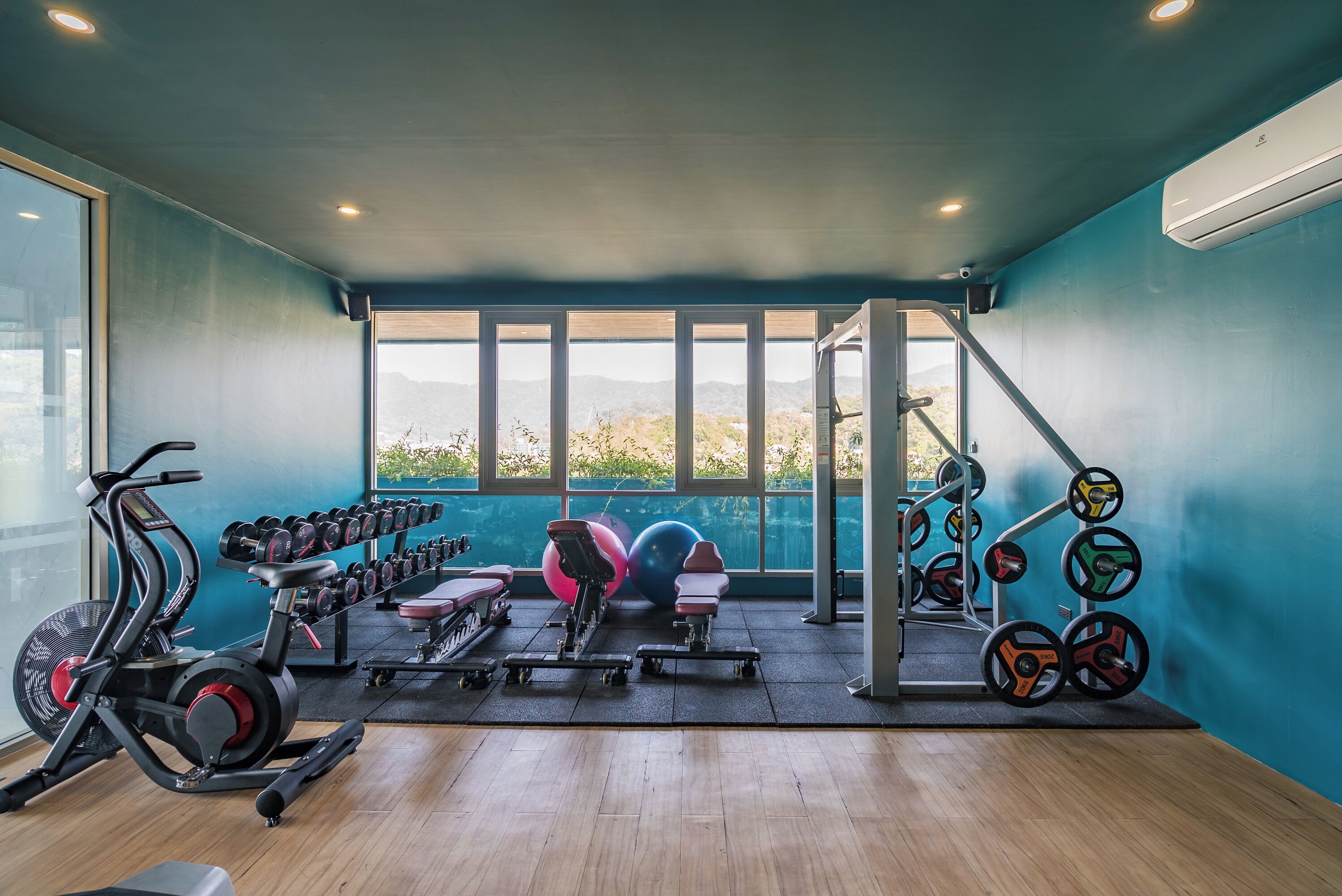 Un gimnasio con equipo de ejercicio, un estante para pesas y amplias ventanas que ofrecen vistas al exterior.