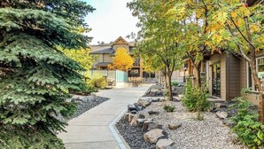 A pathway leading to a building with a modern design, surrounded by trees and a gravel area.