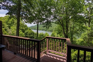 Un pontile di legno con vista su un lago circondato da alberi.