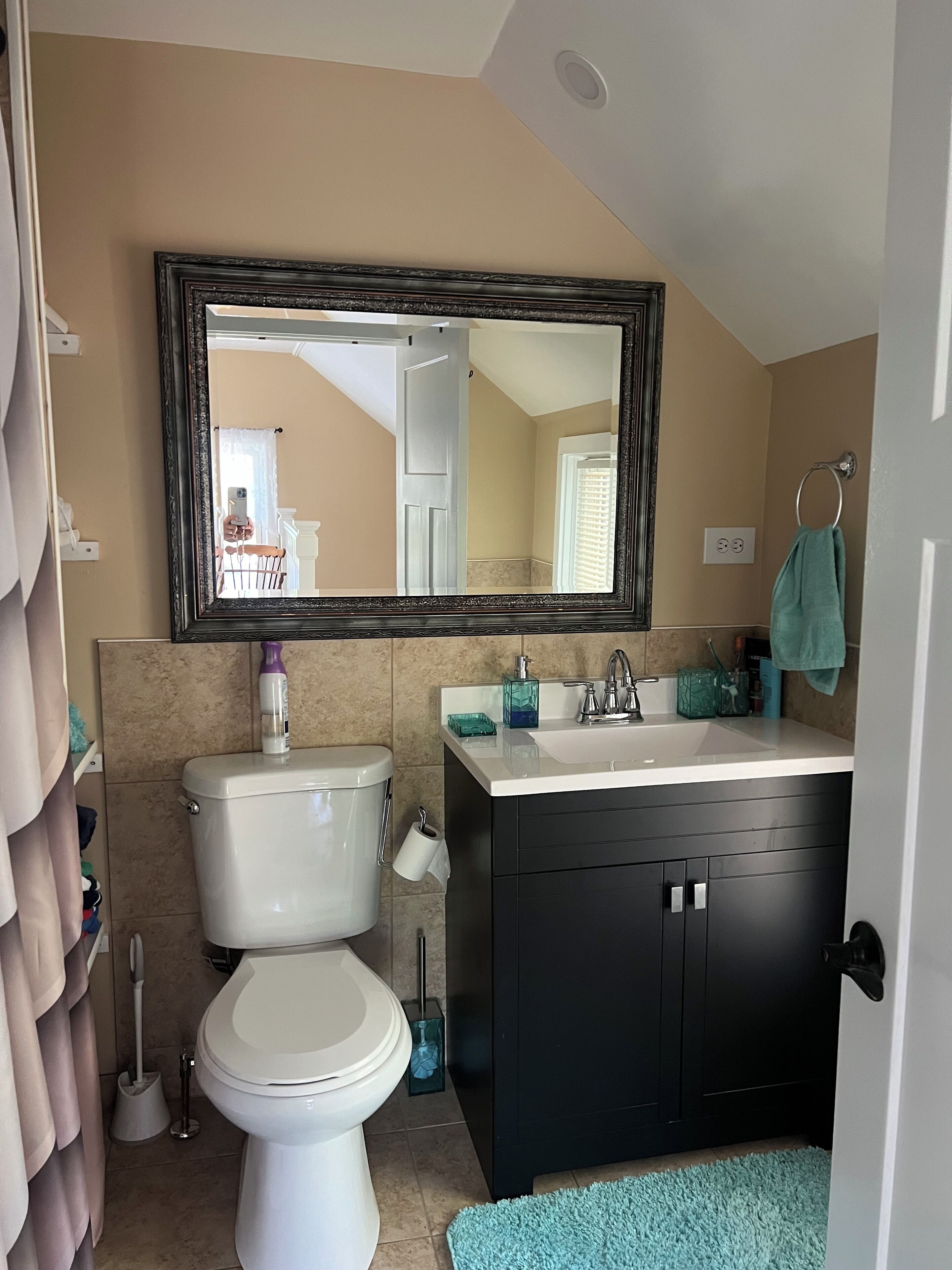 Une salle de bain avec des toilettes, un lavabo et un miroir.