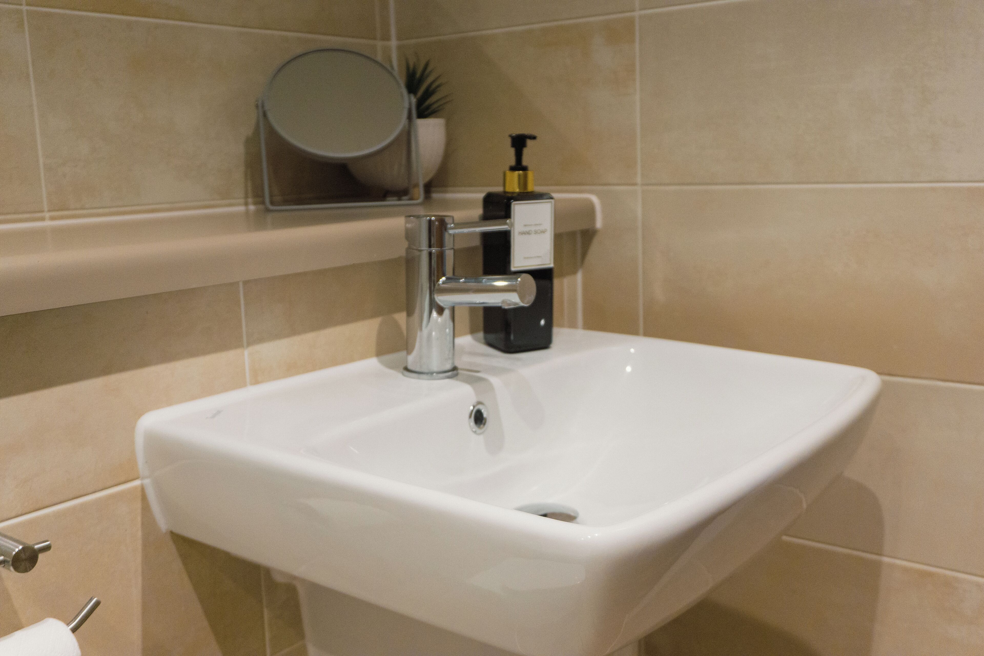 A bathroom with a white sink, a mirror, and a small shelf with toiletries.