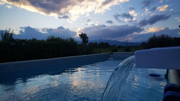 Une piscine agrémentée d’un élément décoratif aquatique, entourée d’arbres et surplombée par un ciel dégagé parsemé de nuages.