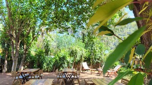 An outdoor dining area with wooden tables and chairs, surrounded by lush greenery and trees. - Yedi (7) Boutique Hotel (Kemer)