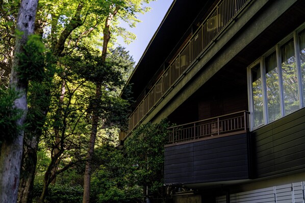 Un immeuble à plusieurs étages doté d’un balcon, entouré d’arbres denses.