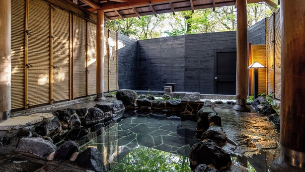 A traditional Japanese garden with a stone pond, wooden structures, and a view of trees. - YuYu Hakone - Private Open Air Onsen Usage Guaranteed (Hakone)