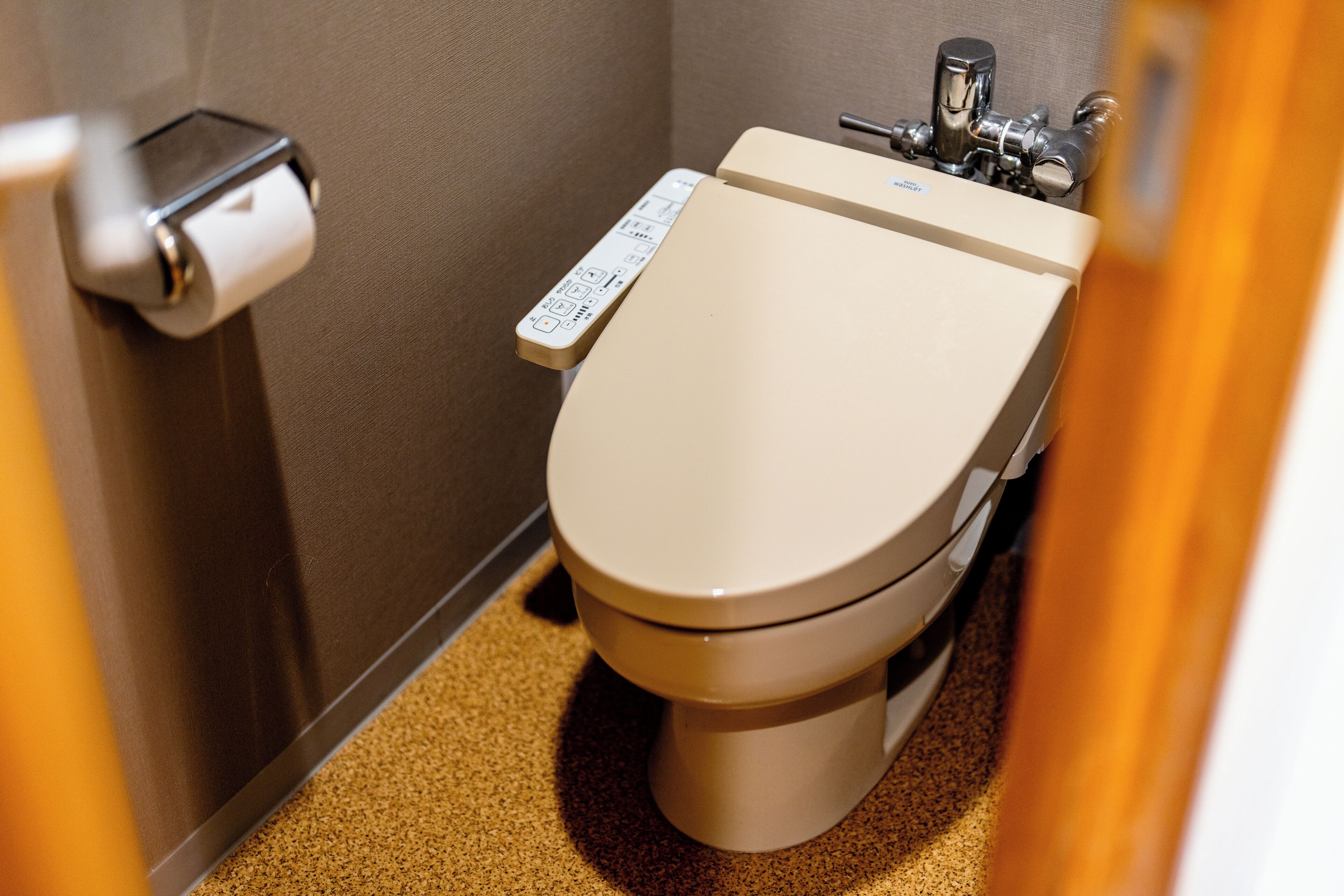 A toilet with a control panel and a toilet paper holder.