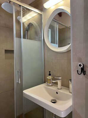Shower, hair dryer, bidet, towels