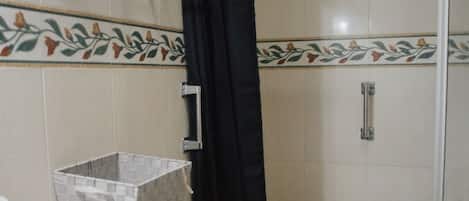 Hair dryer, towels, soap, toilet paper