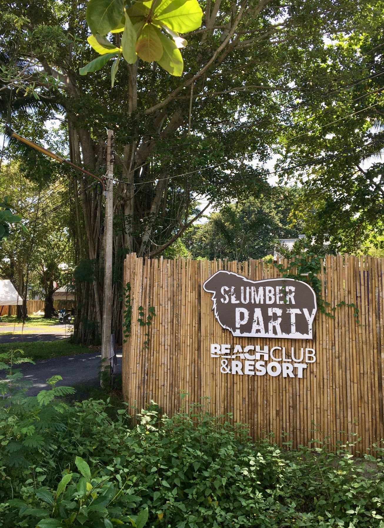 Señal de 'Sumber Party Beach Club & Resort' con valla de bambú y exuberante follaje.