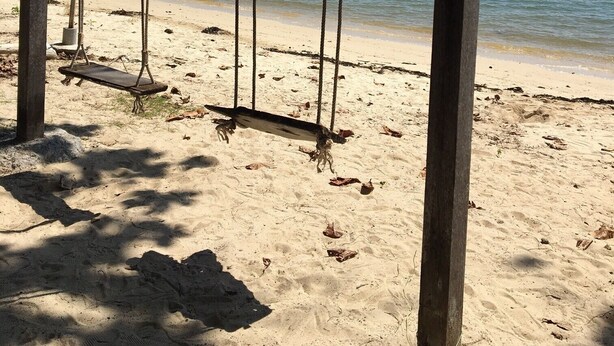 A beach swing set with a sign that reads "SLUMBER PARTY BEACH". - Slumber Party Koh Phangan Beach (Ko Pha-ngan)
