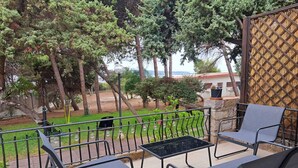Une terrasse extérieure avec des chaises et une table en métal, entourée d’une clôture en métal et d’arbres.