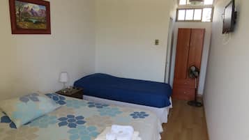 A bedroom with two beds, a nightstand, a lamp, a painting, a TV, and a wooden door.
