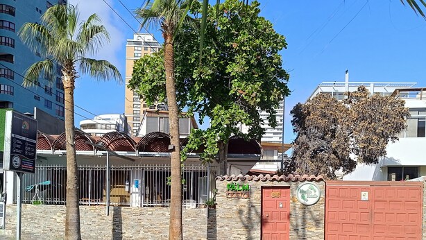 A street view with a building featuring a stone wall, a red gate, and a sign that reads "PAM Hotel". - Palm Hostal (Iquique)