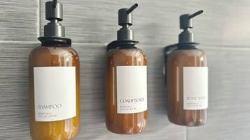 Ducha, secador de pelo, toallas y jabón