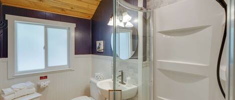 A bathroom with a glass shower enclosure, a white sink, and a toilet.