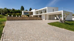 A modern house with a paved driveway, a stone wall, and a grassy area with a tree.