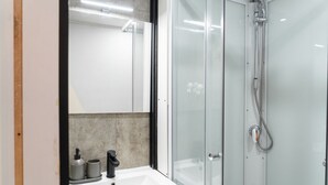 A modern bathroom with a glass shower enclosure, a white sink, and a mirror above it.