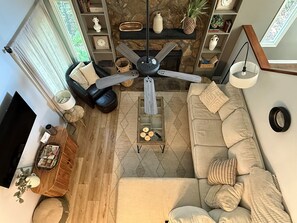 Smart TV, fireplace, books
