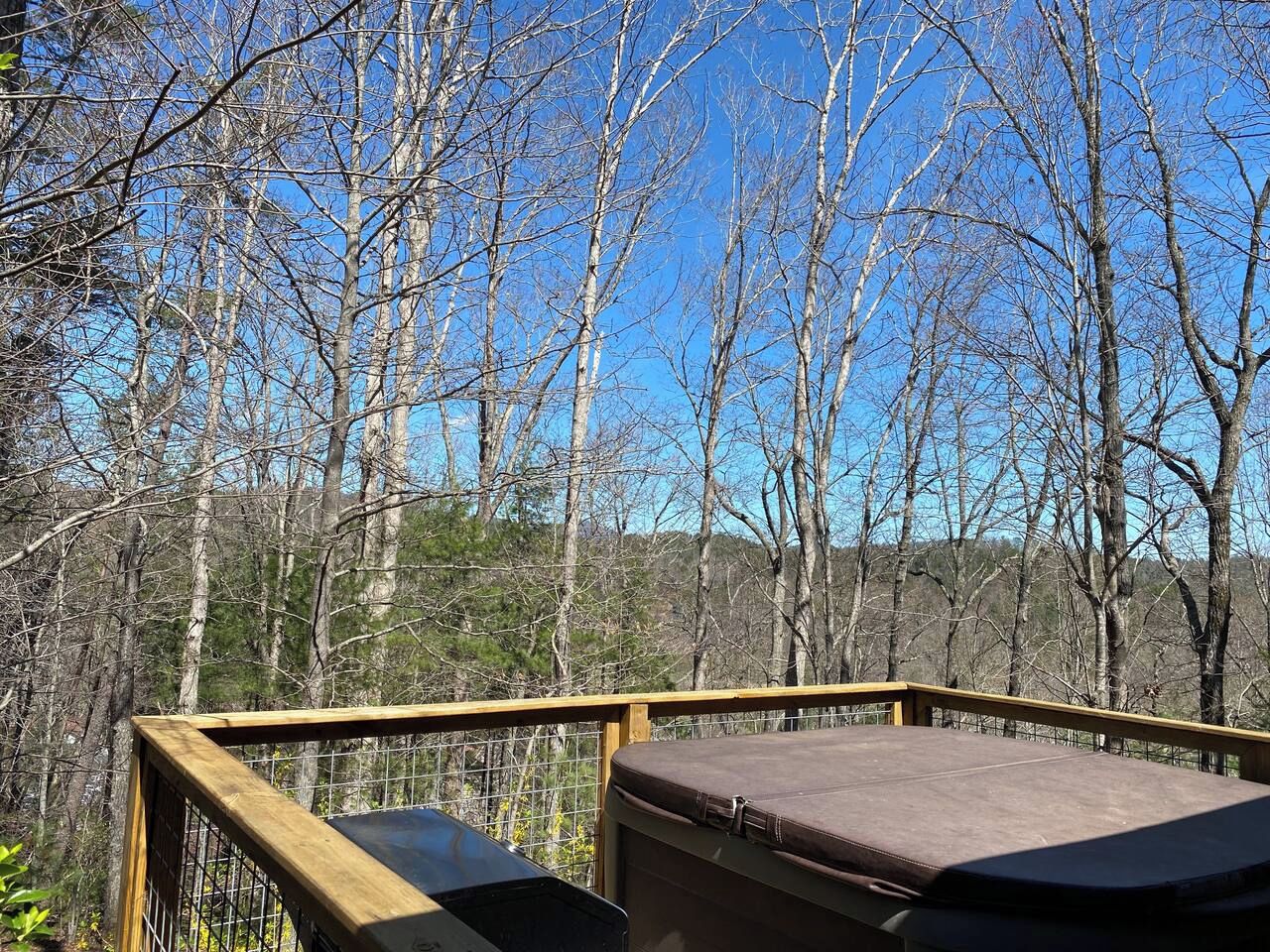 A wooden deck with a cushioned seating area and a view of leafless trees.