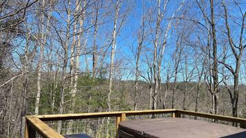 A wooden deck with a cushioned seating area and a view of leafless trees.