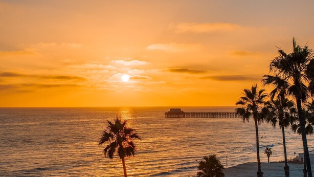 A beach with palm trees and a pier in the background during sunset. - California Dreamin' - O'side Palms (Oceanside)