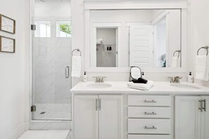 Shower, hair dryer, shampoo