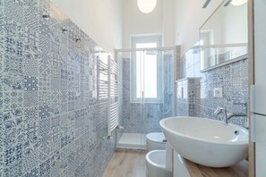 Shower, hair dryer, bidet, towels