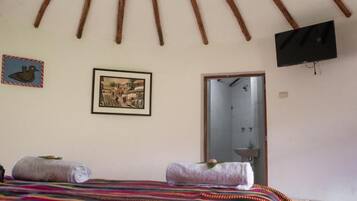 Habitació amb un llit, dues tovalloles, un quadre amb marc, una televisió i una porta.
