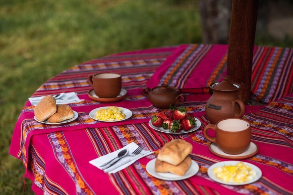 Un menjador de picnic amb una taula coberta per un mantell de taula de colors i ratlles, amb plats de menjar, una tetera i gots.