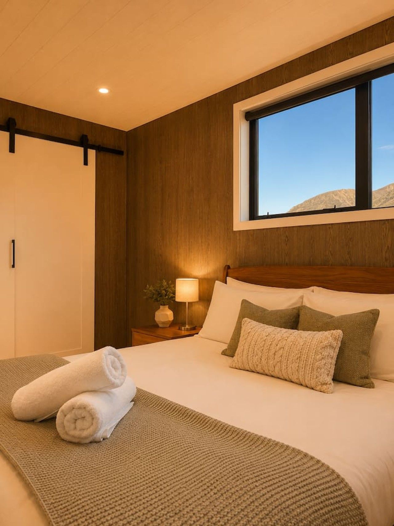 A hotel room with a large bed, a nightstand with a lamp, and a window with a view of the mountains.