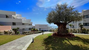 Un bâtiment moderne avec un arbre au centre, une allée pavée et un ciel dégagé.